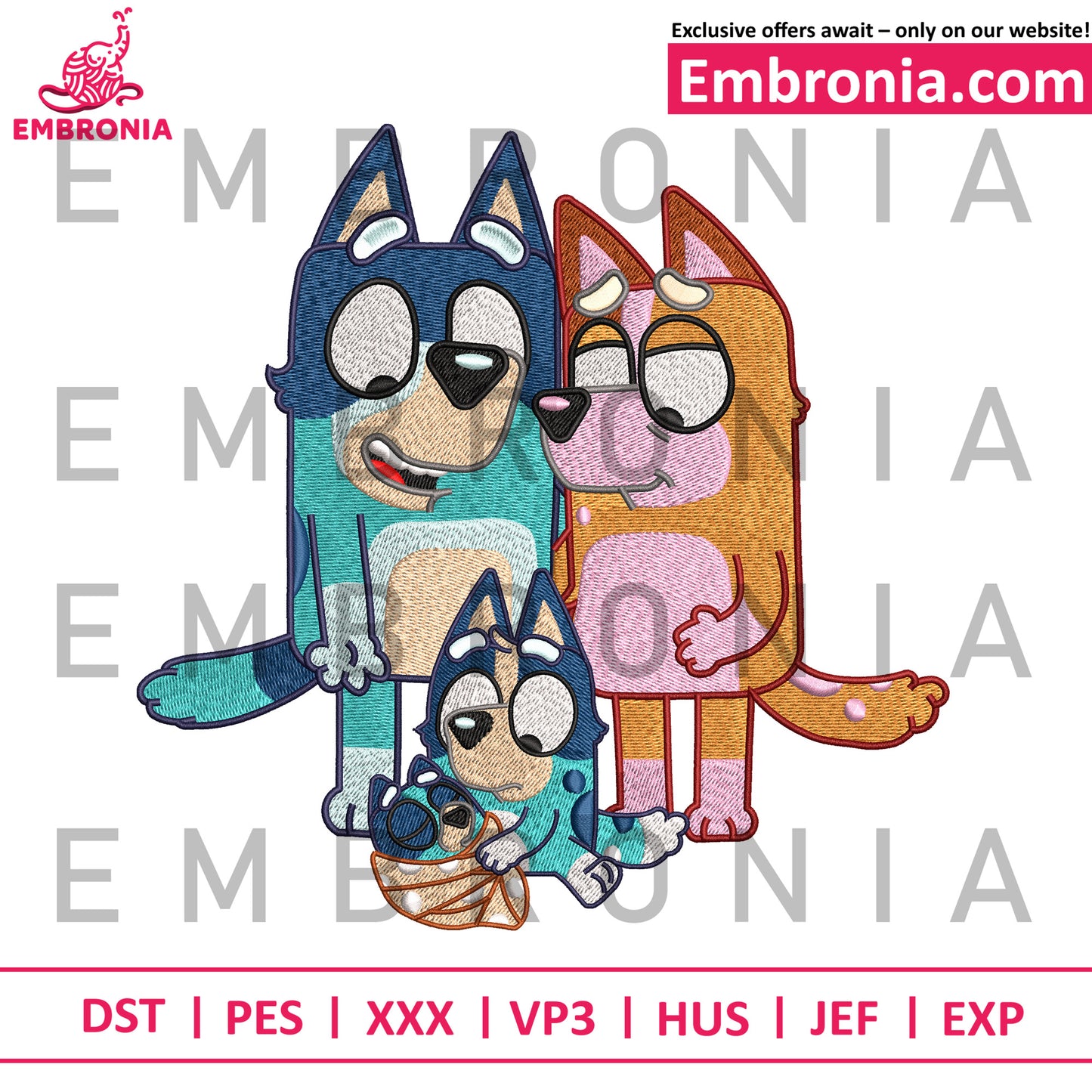 Bluey and wife embroidery, bluey character embroidery, cute dog embroidery