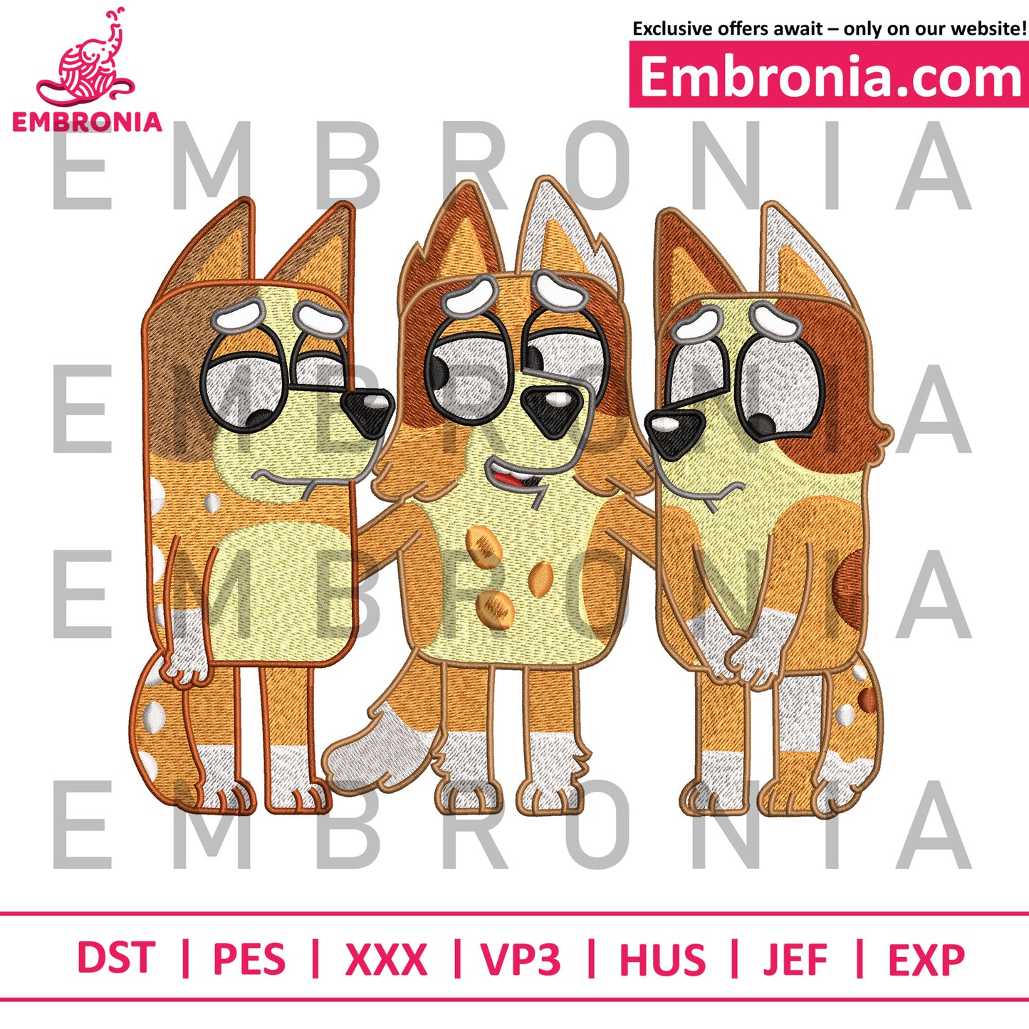 Bluey characters embroidery