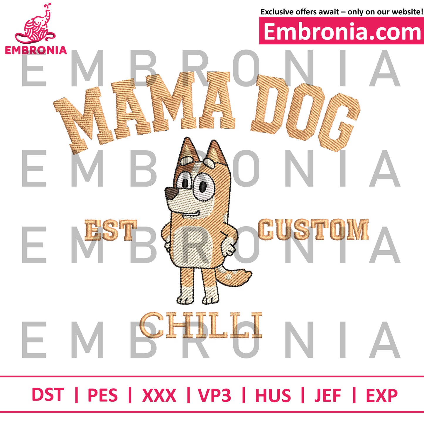 Bluey mama dog embroidery design