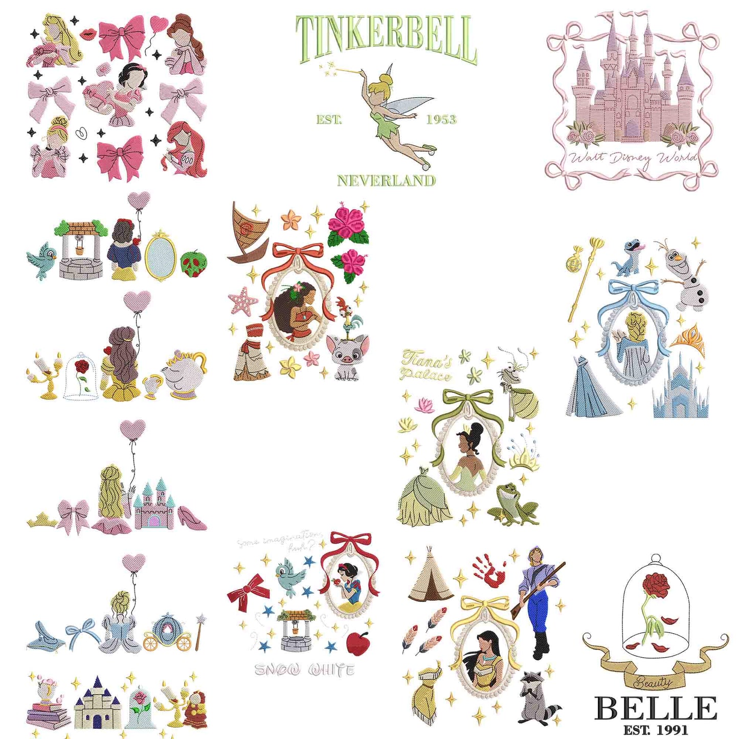 Disney Princess embroidery bundle, Princess embroidery, Disney embroidery
