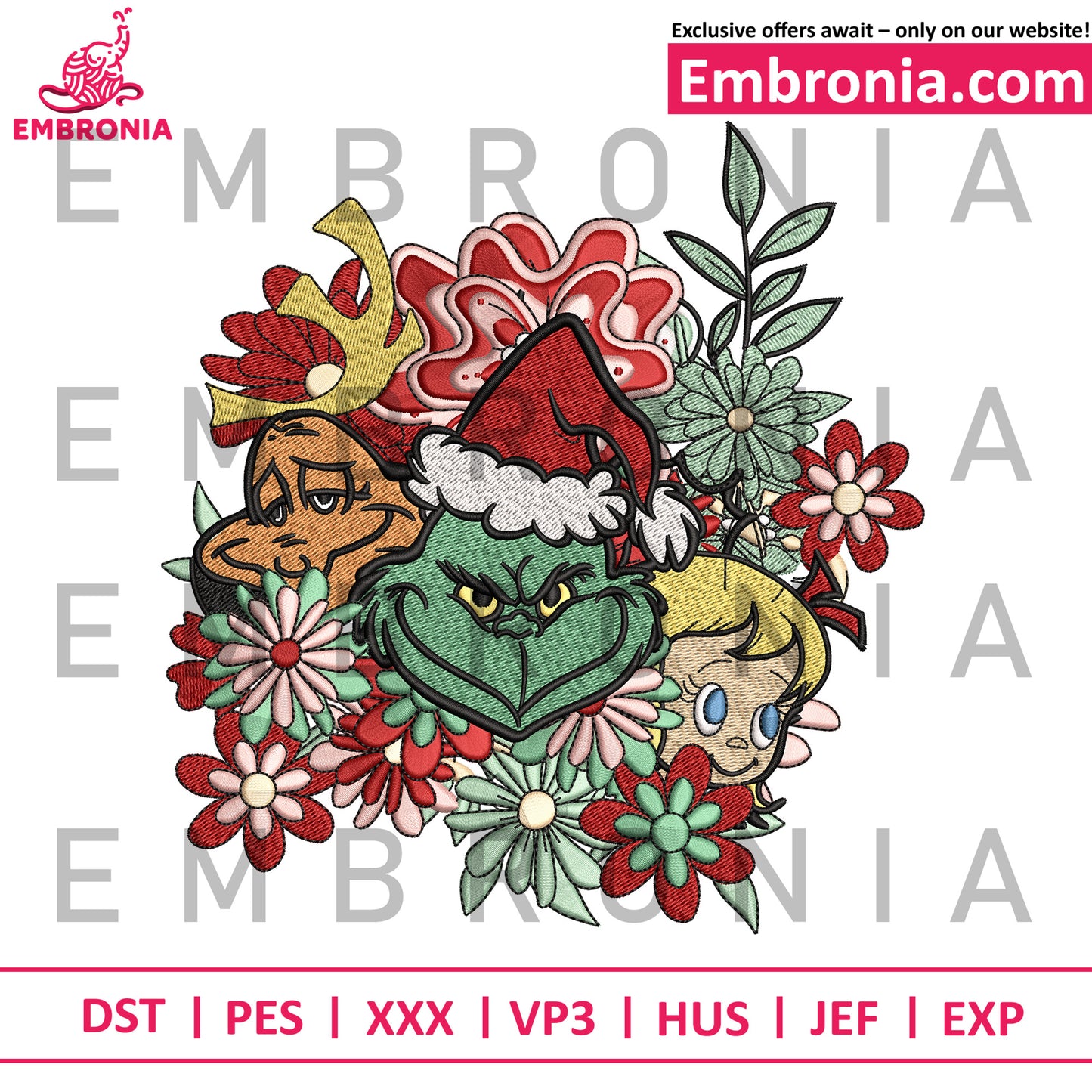 Grinch flowers embroidery