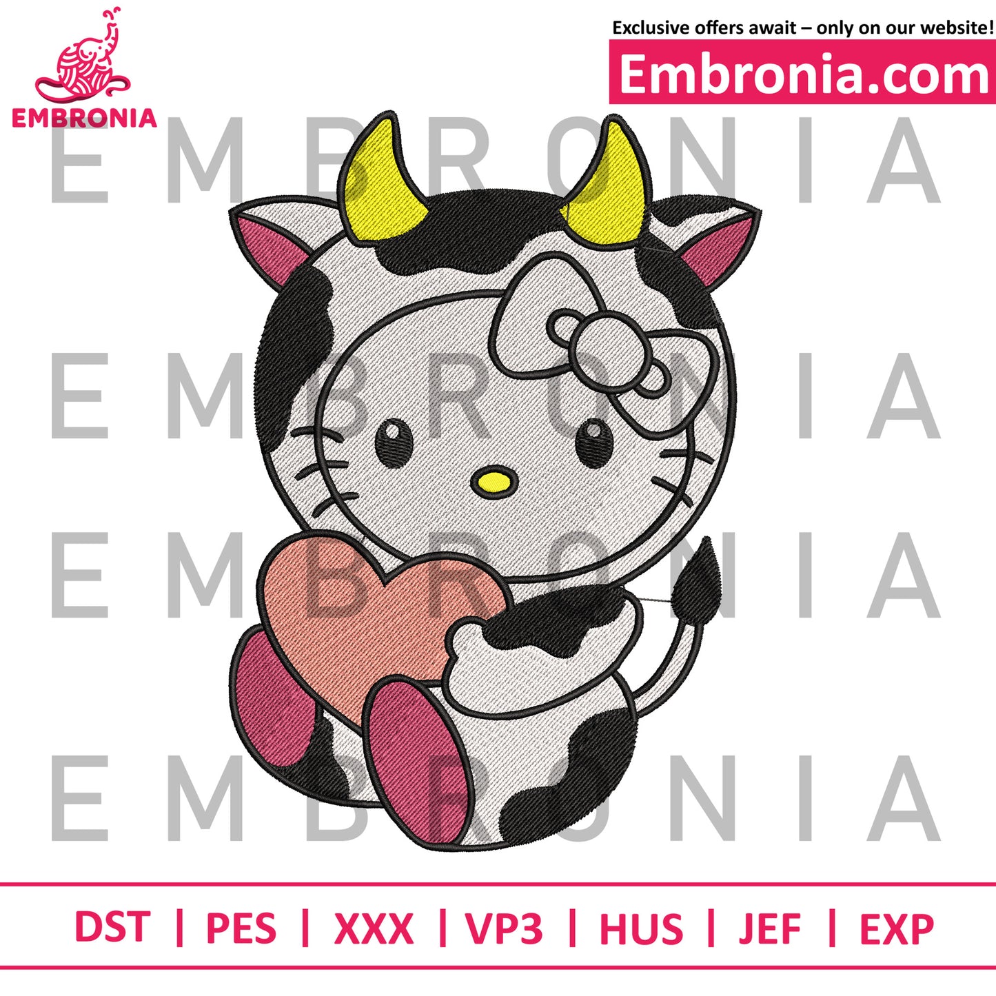 Hello kitty cow embroidery design
