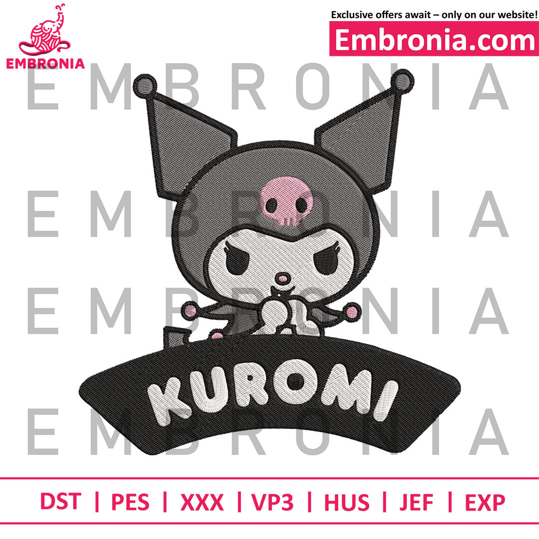 Kuromi logo embroidery illustraion, kuromi character embroidery, lovely kuromi embroidery