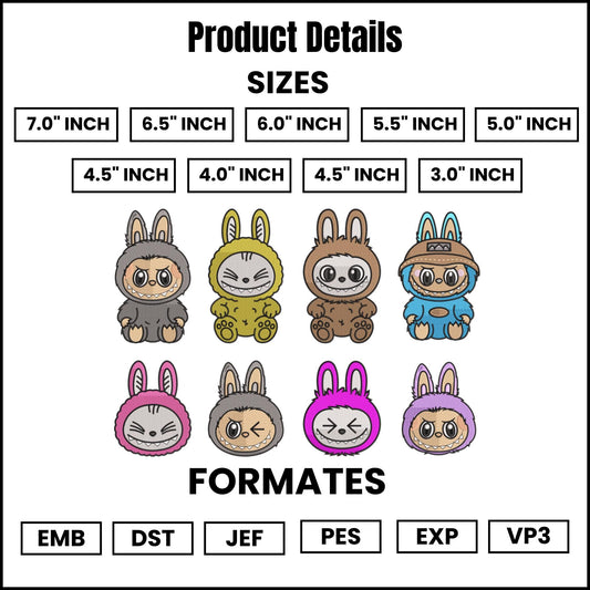 Labubu Monster Embroidery bundle, Labubu Embroidery pattern Design