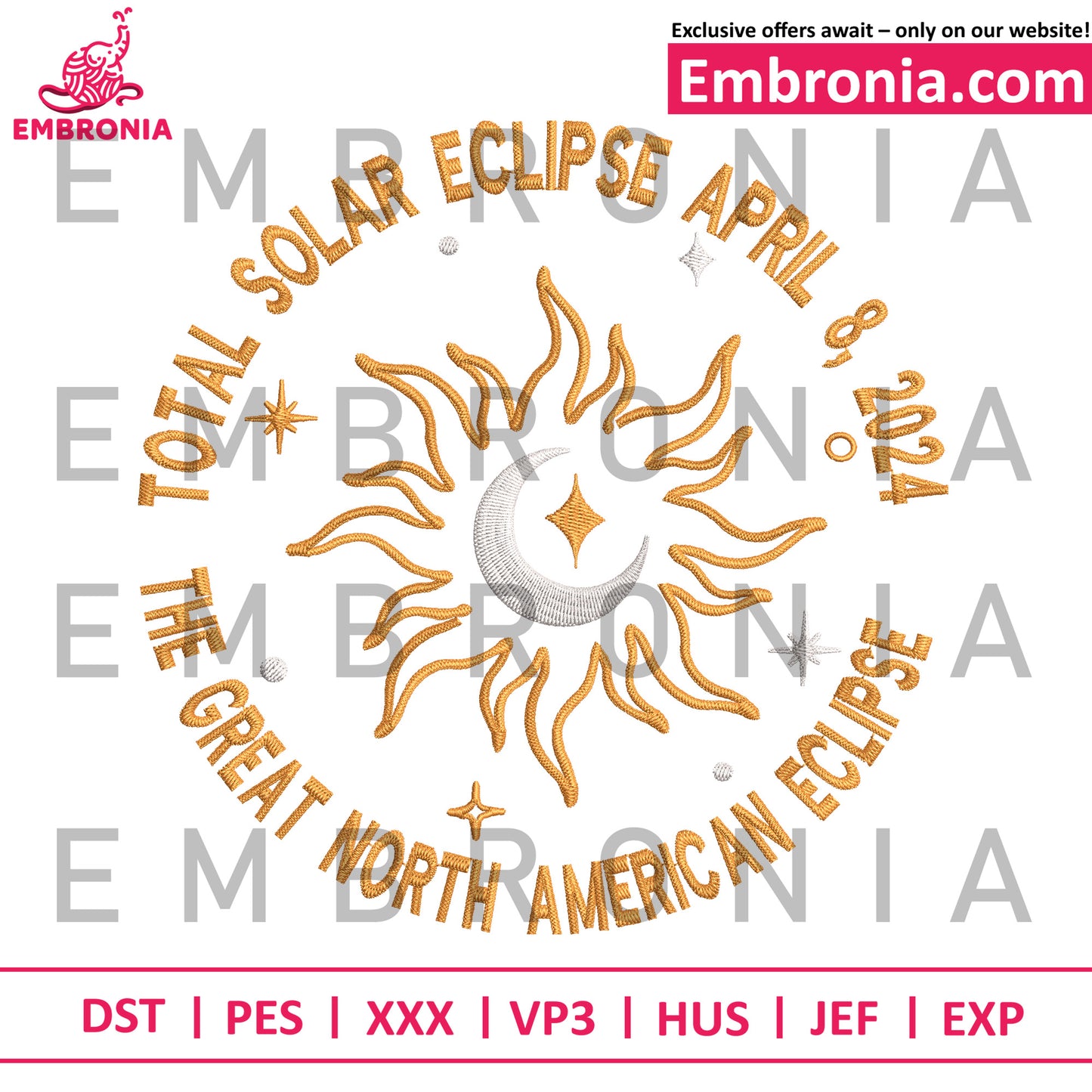 Total solar eclipse embroidery design