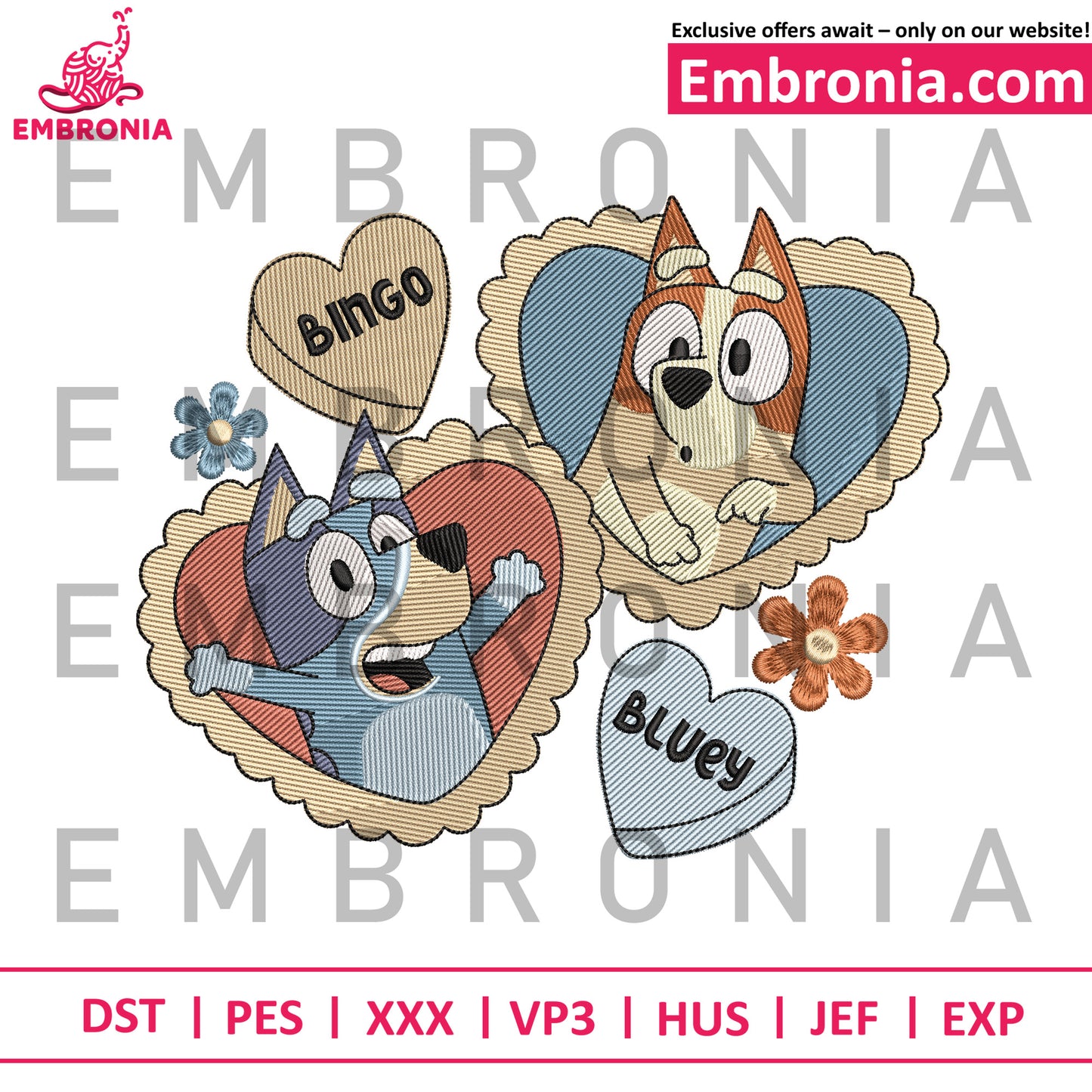 Bingo and Bluey love embroidery, sister bond vibe embroidery, cute cartoon style embroidery