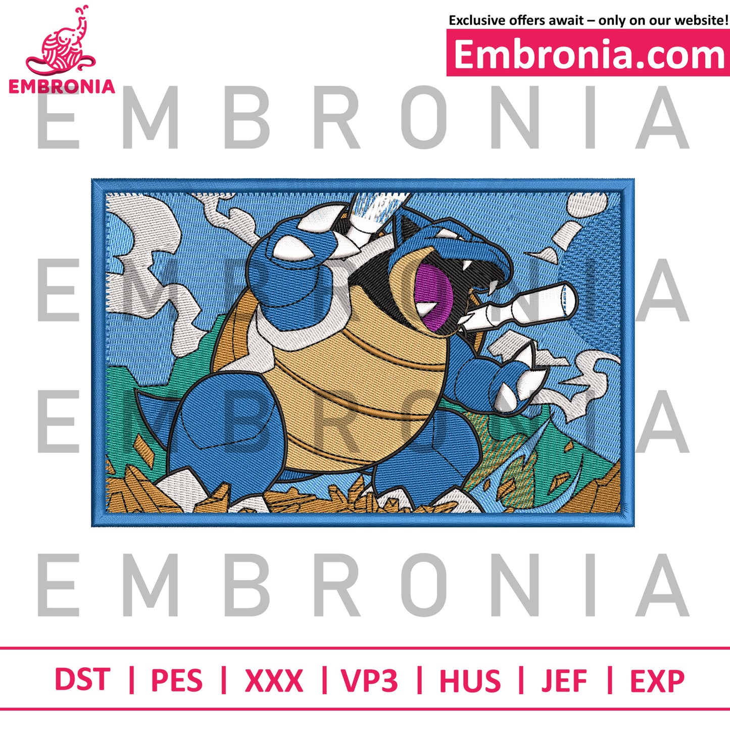 Blastoise pokemon embroidery design