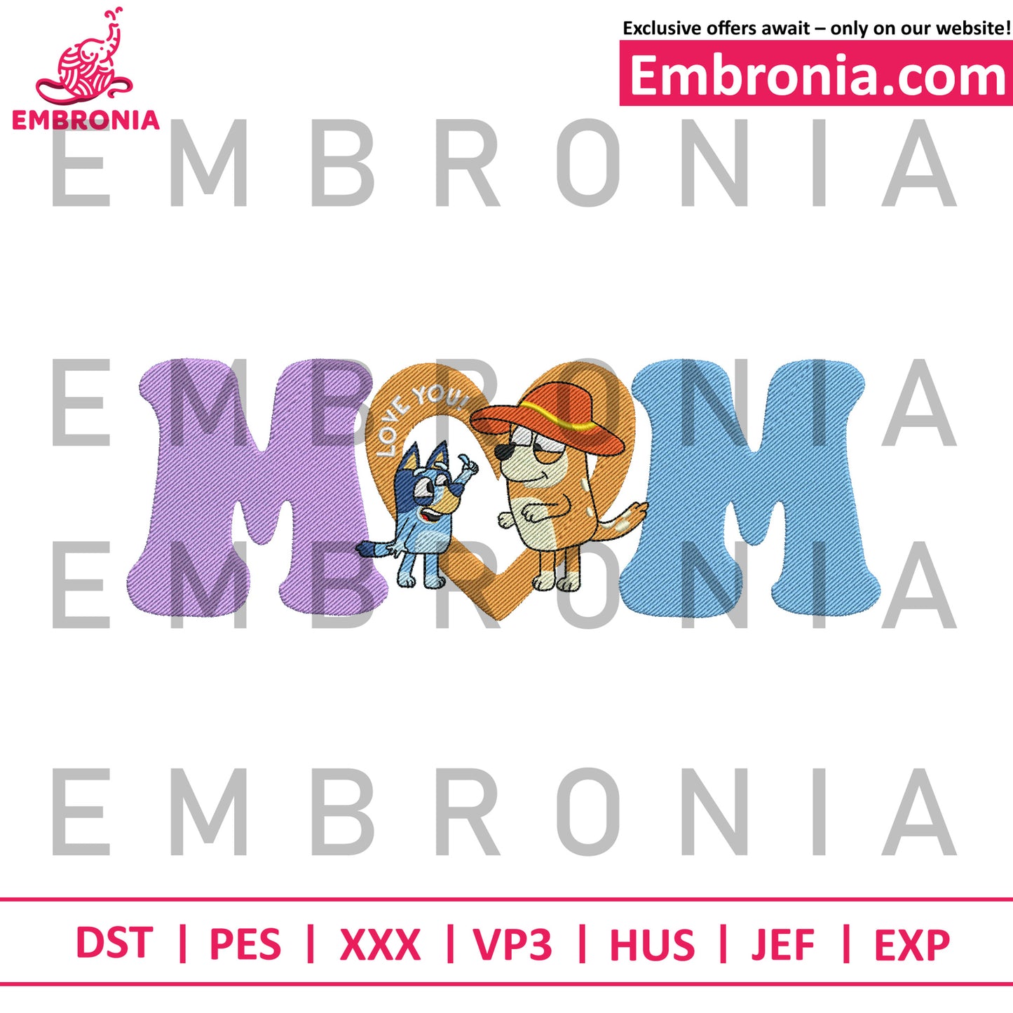 Bluey and mom embroidery