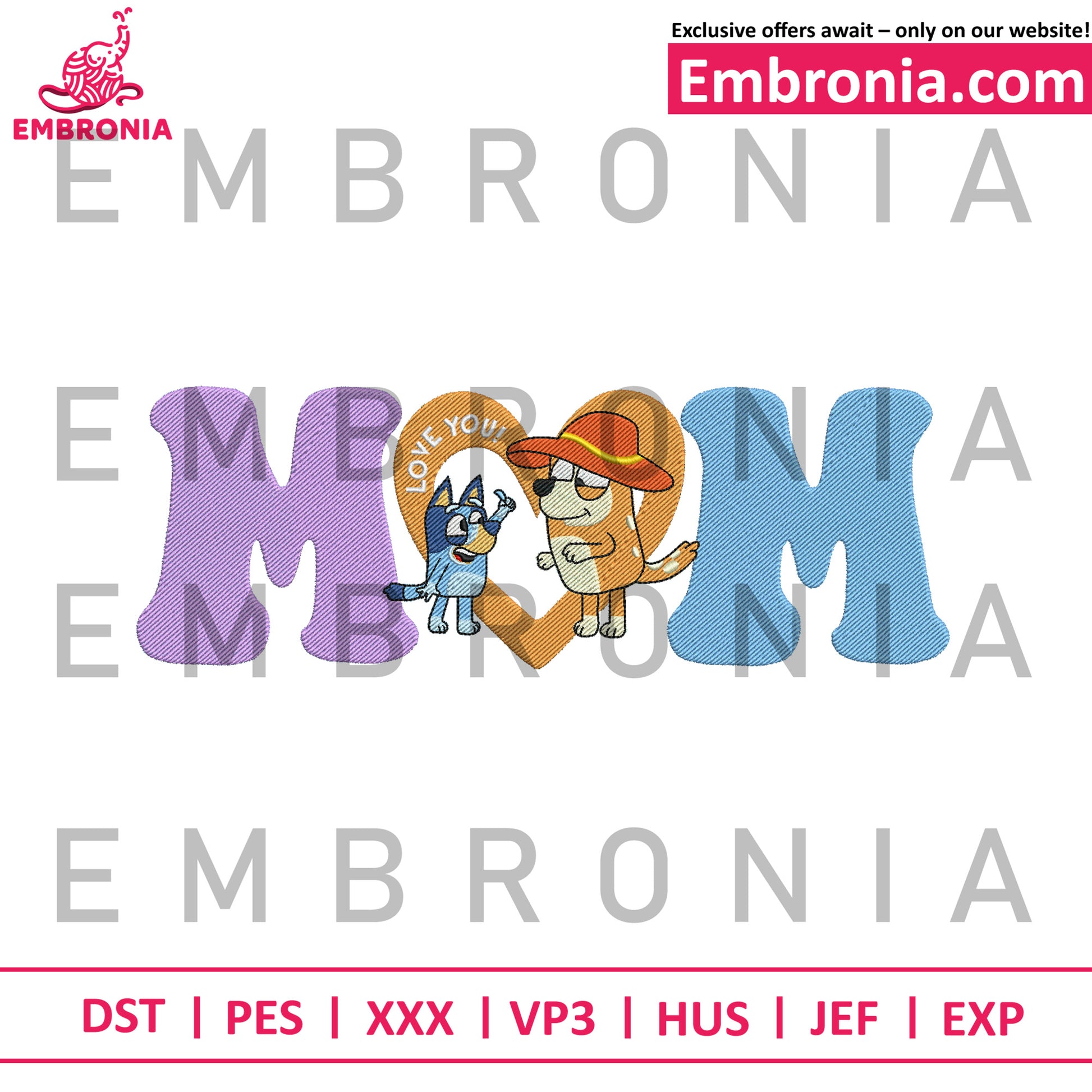 Bluey and mom embroidery