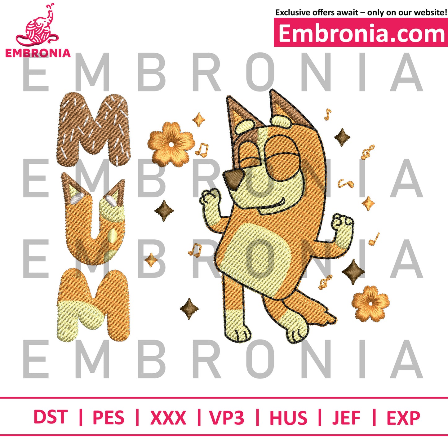 Bluey chilli mum embroidery