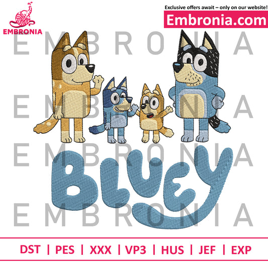 Bluey family embroidery, animated dog vibe embroidery, heartwarming show style embroidery