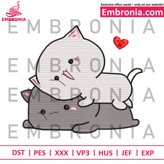 Couple cat cute design love embroidery, kawaii style embroidery, couple cat cute design embroidery