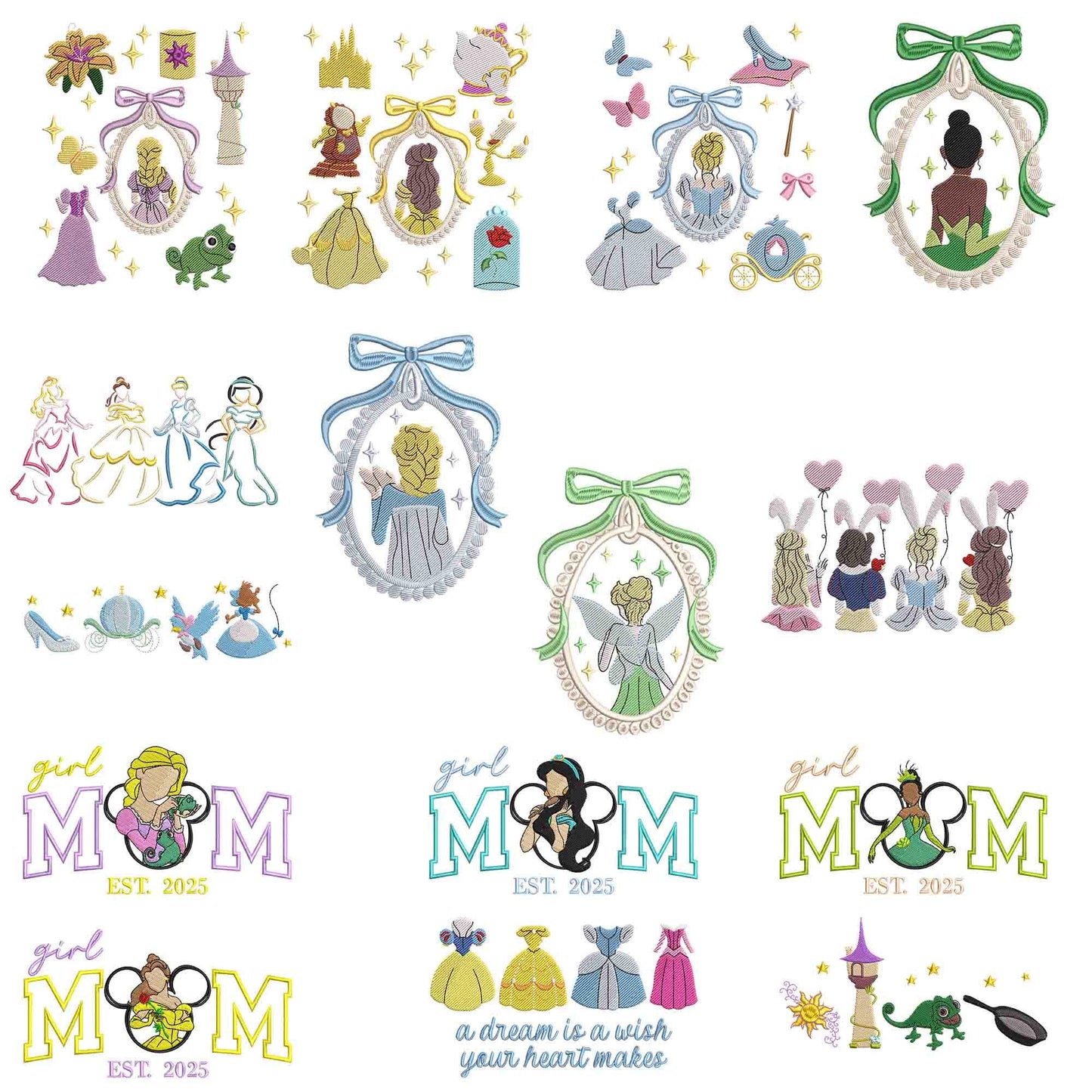 Disney Princess embroidery bundle, Princess embroidery, Disney embroidery