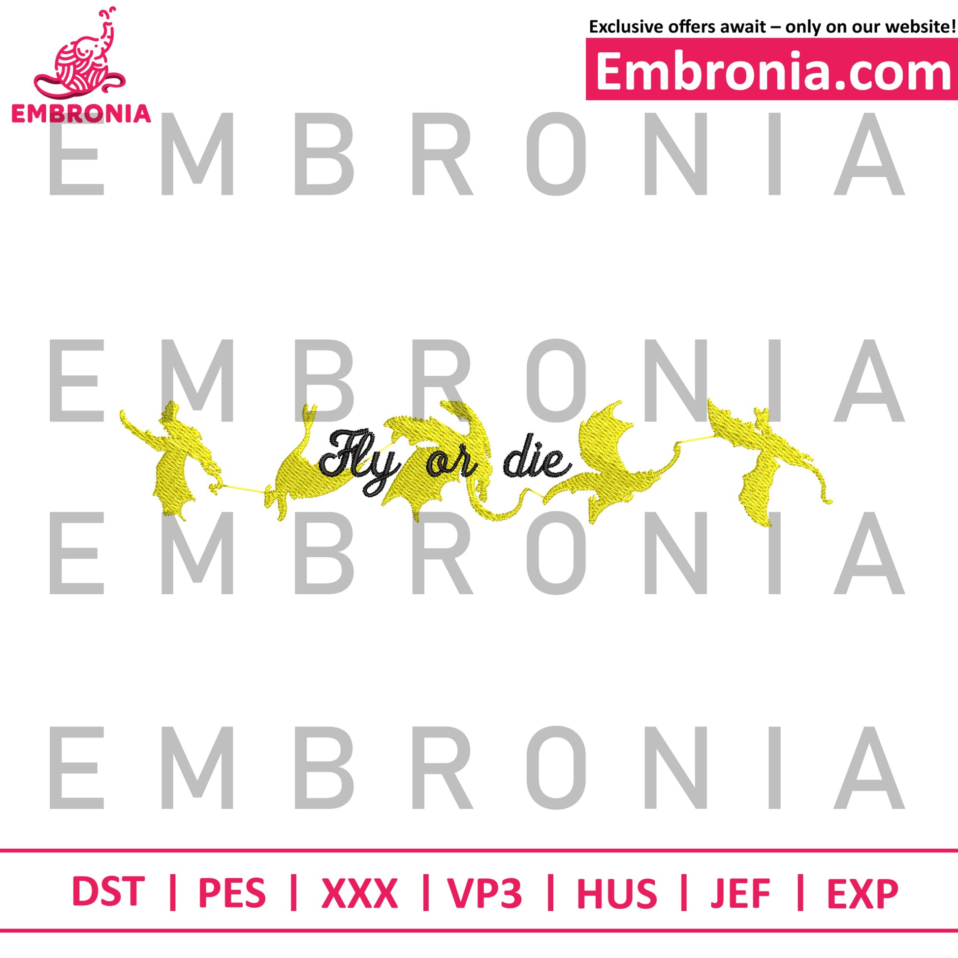 Fly or die bold embroidery