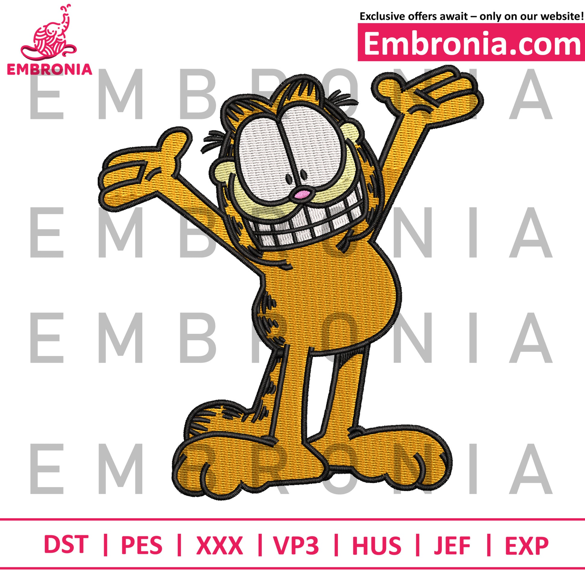 Gafield happy cat embroidery design