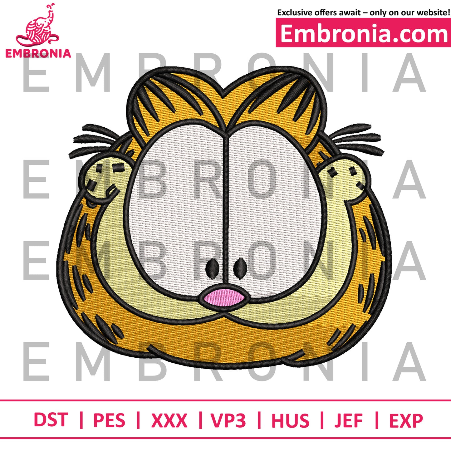 Garfield head embroidery, cat face design embroidery, cartoon feline patch embroidery