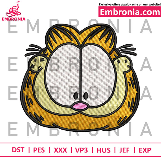 Garfield head embroidery, cat face design embroidery, cartoon feline patch embroidery