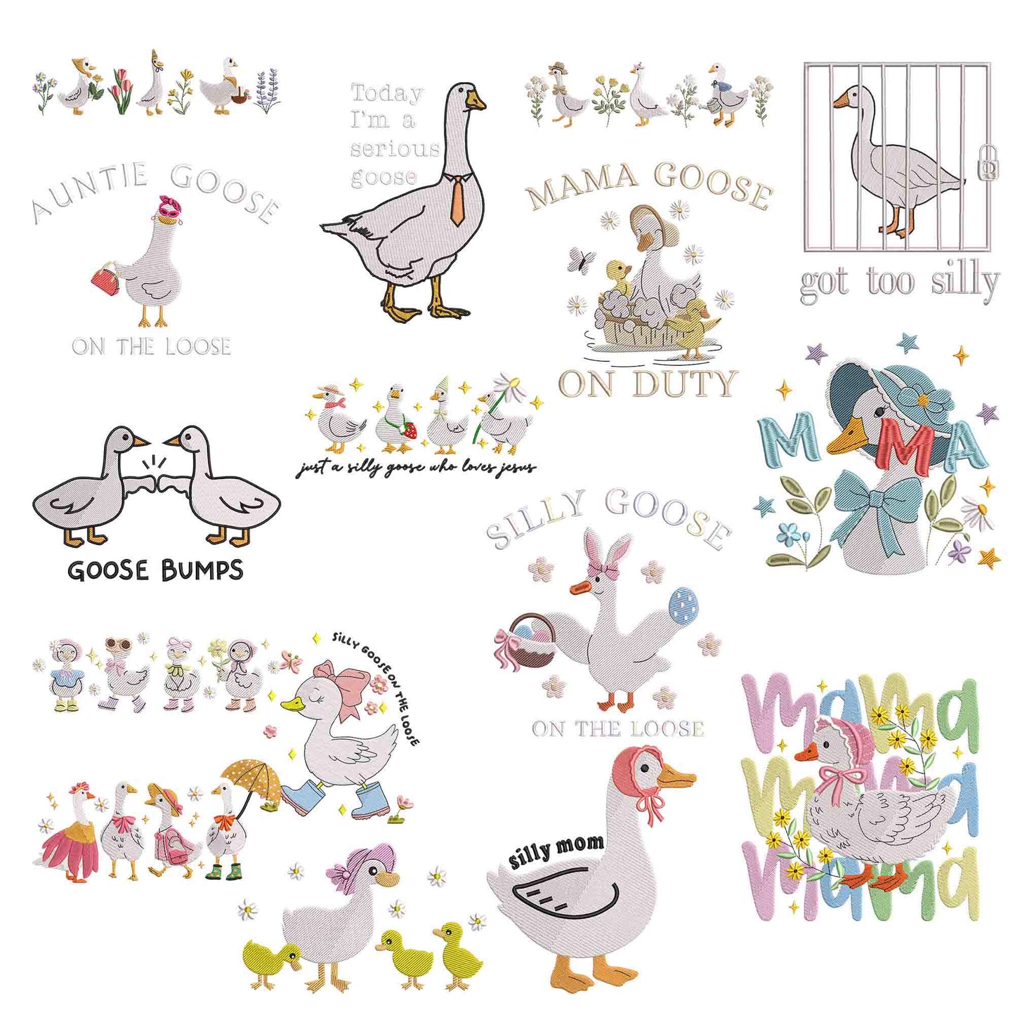 Silly Goose Embroidery Designs bundle, cute animal embroidery