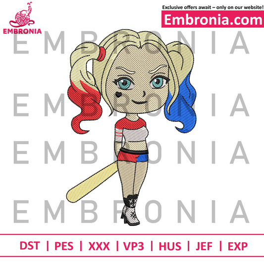 Harley quinn embroidery, chibi design embroidery, dc cute patch embroidery