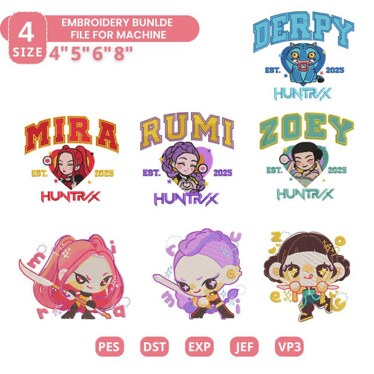 Huntrix Girls and Derpy Embroidery Design Bundle, Kpop Demon Hunters