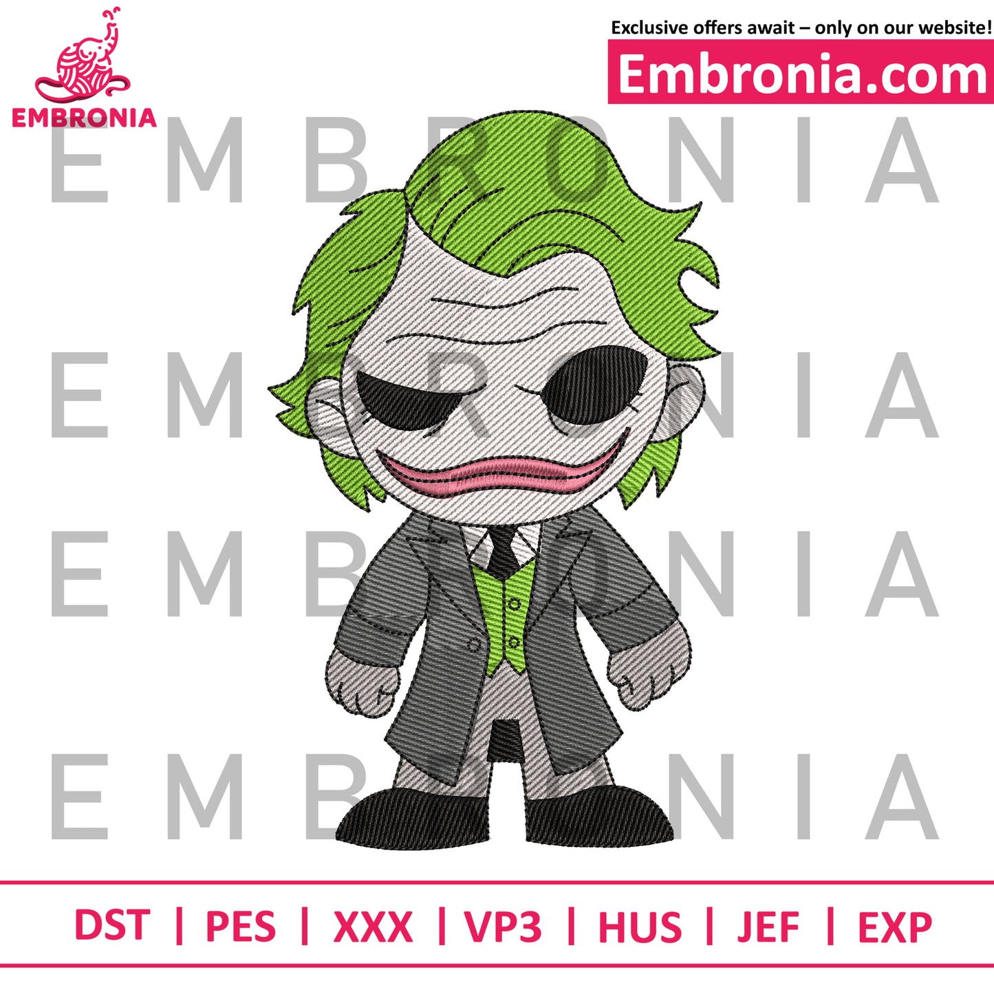 Joker chibi embroidery, chibi joker embroidery, dc cute embroidery