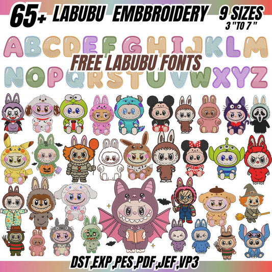 Labubu Embroidery Bundle, cute Labubu Monster Embroidery Design