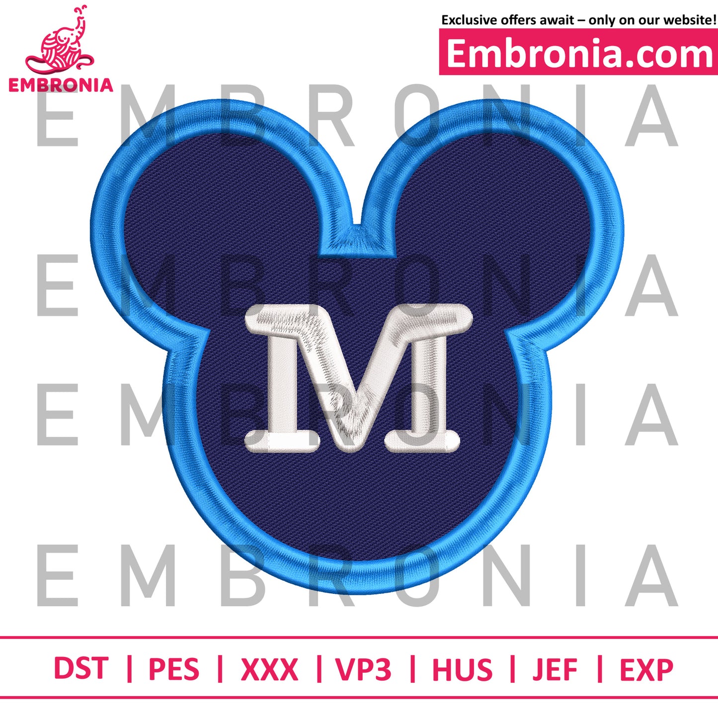 Mickey head M embroidery design