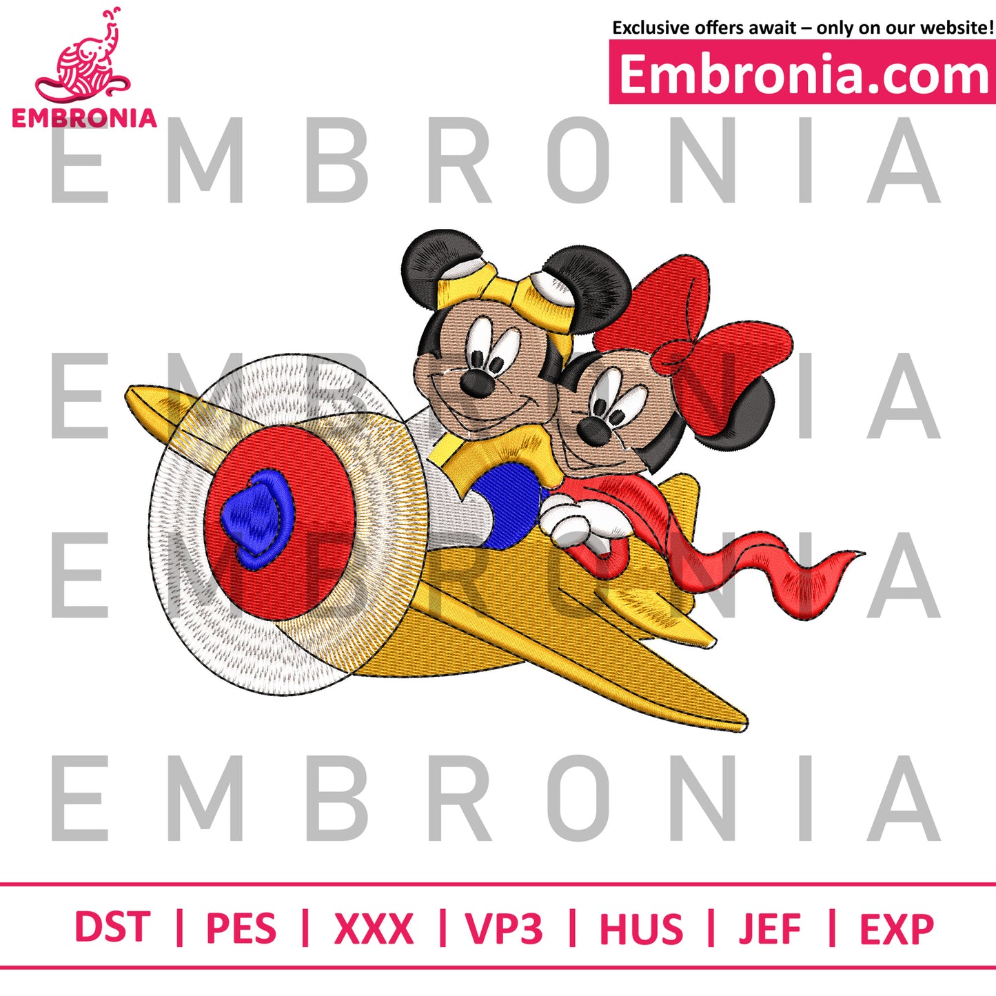 Mickey minnie plane embroidery design