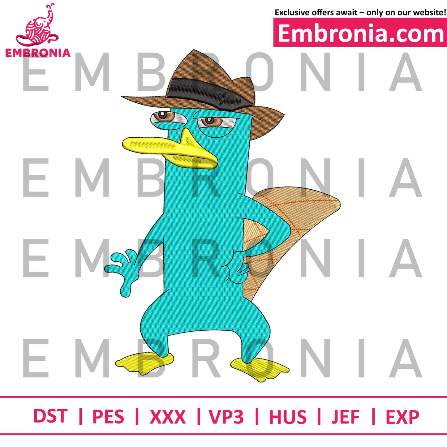 Perry the Platypus embroidery design, disney characters embroidery, cute characters embroidery