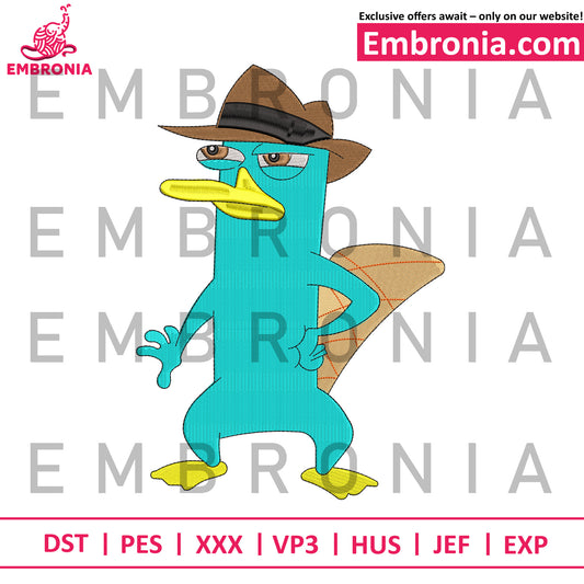 Perry the Platypus embroidery design, disney characters embroidery, cute characters embroidery