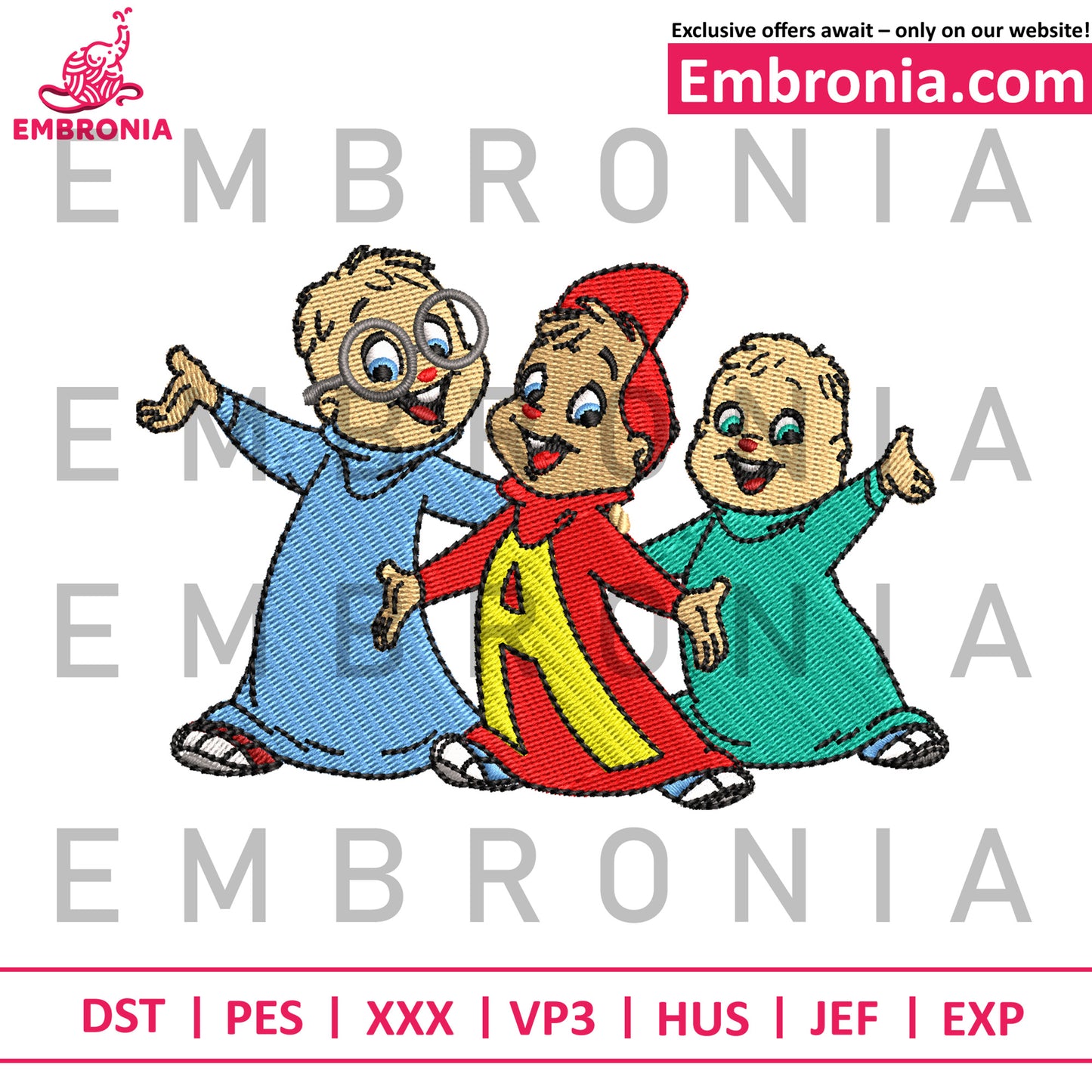 Three characters chipmunk embroidery