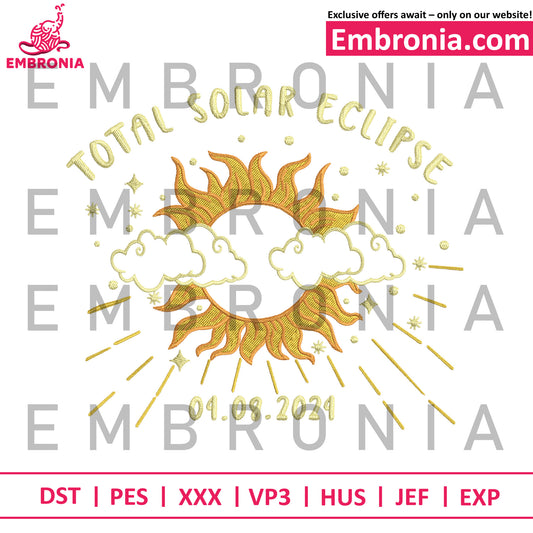 Total solar eclipse embroidery, solar eclipse patch embroidery, astronomy design embroidery