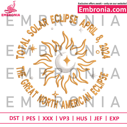 Total solar eclipse embroidery design