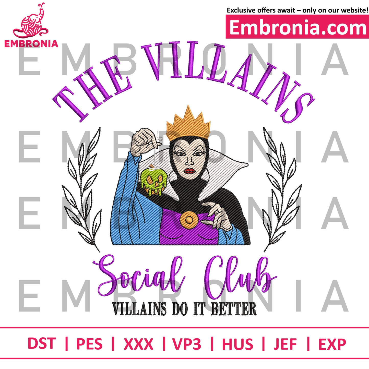 White snow villain embroidery, hallloween toys embroidery, spooky halloween embroidery