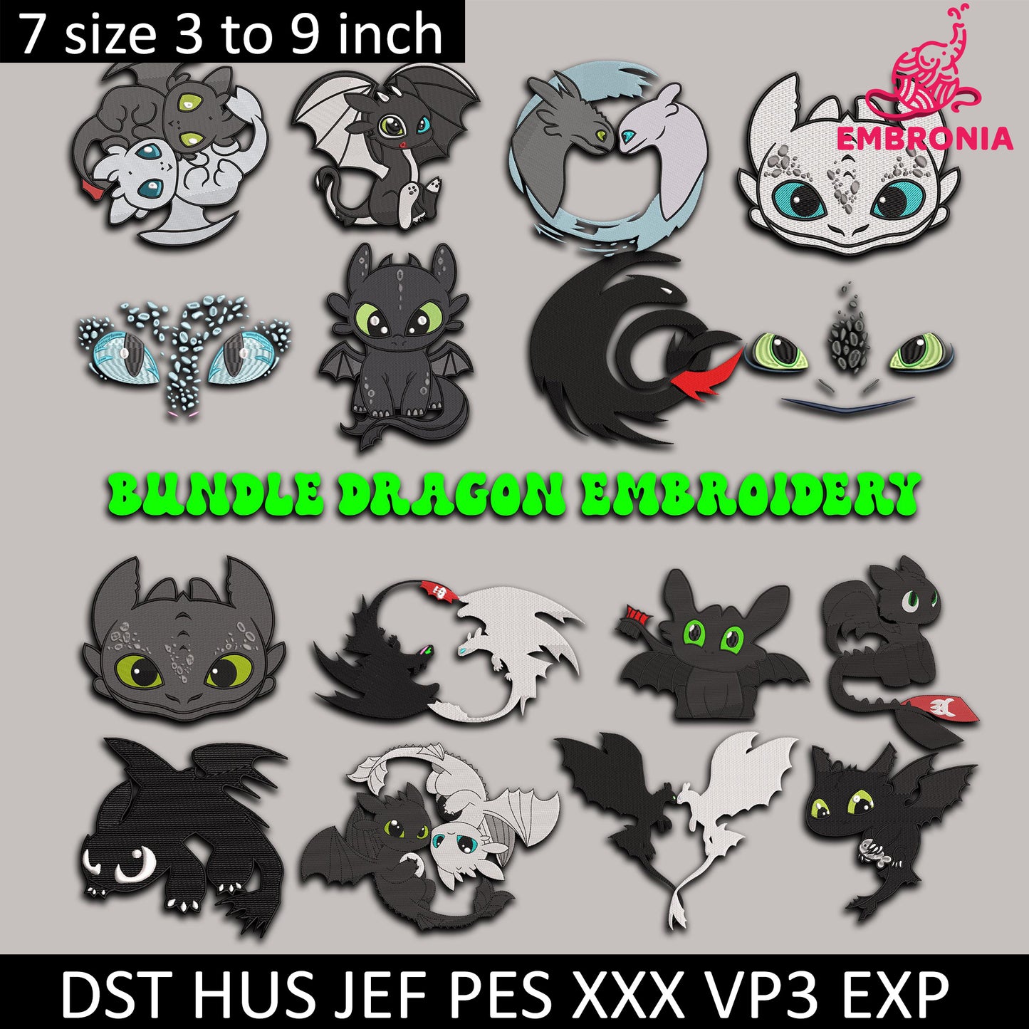 Toothless Dragon Embroidery Bundle, couple dragons toothless and Light Fury