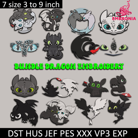 Toothless Dragon Embroidery Bundle, couple dragons toothless and Light Fury
